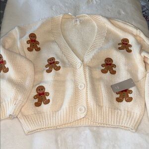 Luna Ivy Cream Cardigan with Gingerbread Man Design Women’s Size L NWT